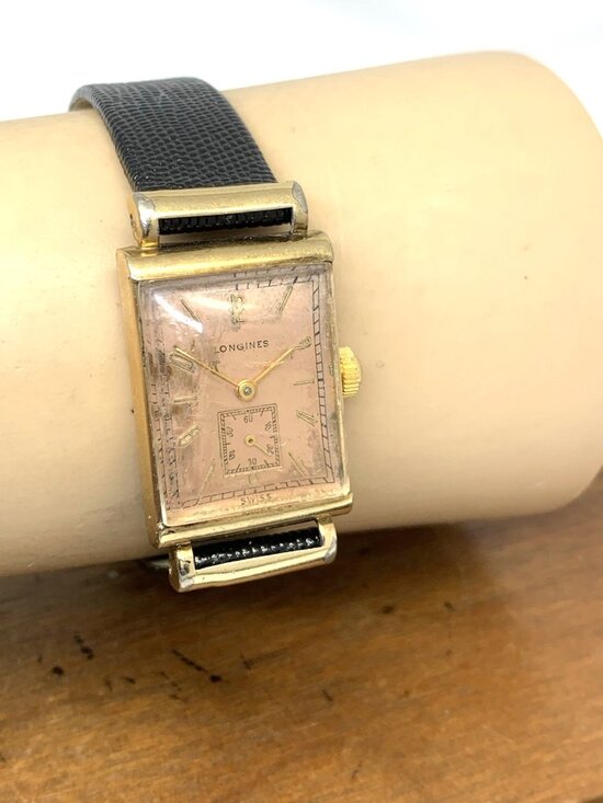 Longines Watch 1930s Vintage Swiss Mechanical Rose Dial Black Leather Strap Tank